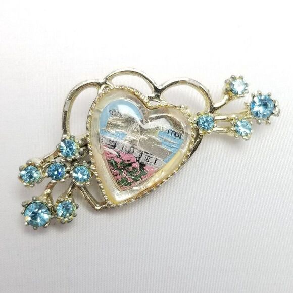 Vintage Washington DC Capitol Reverse Painted Heart Shape Rhinestone Brooch - Picture 2 of 6